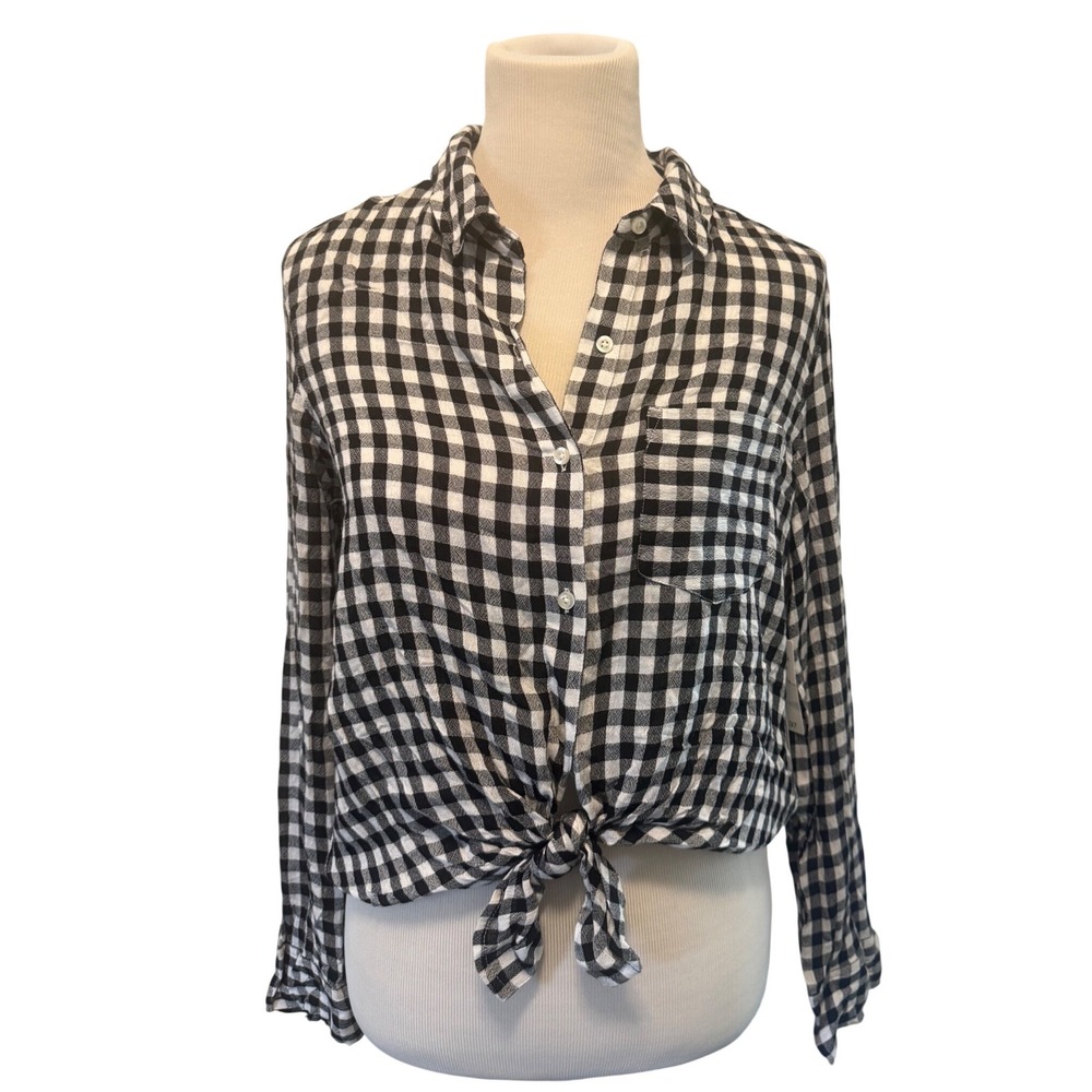 Abound Gingham Tie Front Button Down Shirt Black White Small New RK391081MI